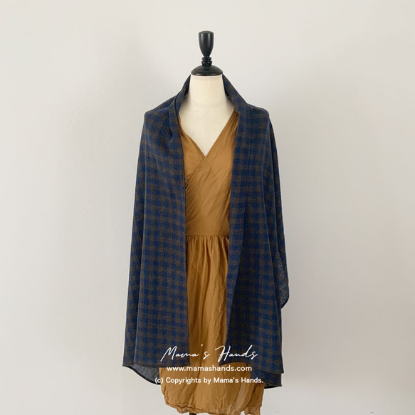 ★僅限2件★時尚薄紗羊毛藍x棕格紋優質秋冬披肩 第8張的照片