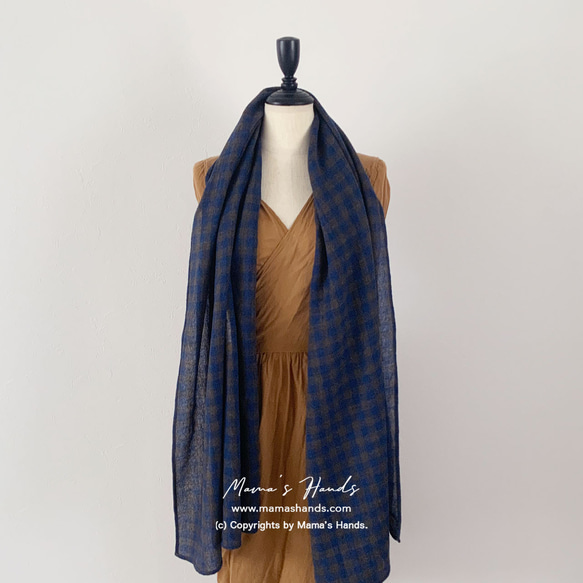 ★僅限2件★時尚薄紗羊毛藍x棕格紋優質秋冬披肩 第6張的照片