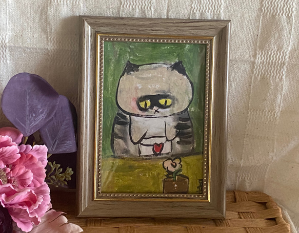 絵画。原画手描き【猫ちゃんはラブレターとかわいい花をもらいました】 1枚目の画像