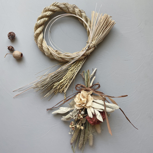 ドライフラワーを外せる2wayしめ縄飾り＊赤茶＊バンクシャーのスワッグ