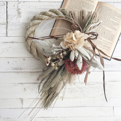 ドライフラワーを外せる2wayしめ縄飾り＊赤茶＊バンクシャーのスワッグ