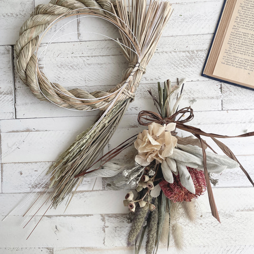 ドライフラワーを外せる2wayしめ縄飾り＊赤茶＊バンクシャーのスワッグ