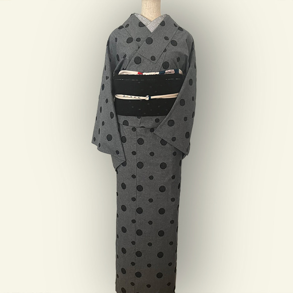 着物 単衣 水玉の刺繍 黒 ダンガリー きもの コットンレース 木綿 カジュアル 7枚目の画像