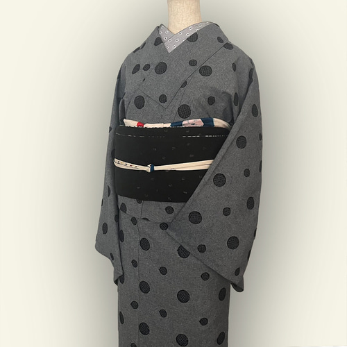 着物 単衣 水玉の刺繍 黒 ダンガリー きもの コットンレース
