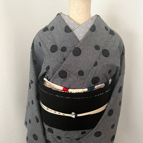 着物 単衣 水玉の刺繍 黒 ダンガリー きもの コットンレース 木綿 