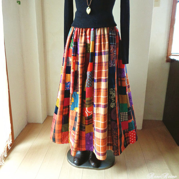 絵画なパッチワーク♥チェック♥こっくりダークオレンジ マキシ丈