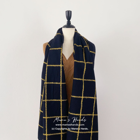 ⭐️2点売れました⭐️おしゃれな ネイビー 黒 ブラック 黄色 チェック 薄手 ナチュラル ウール 秋 冬 ストール 10枚目の画像