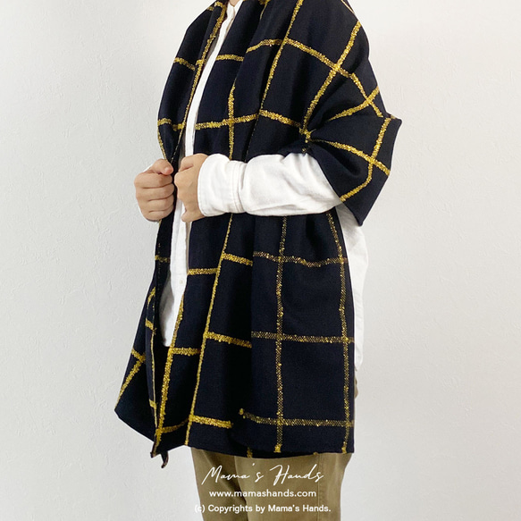 ⭐️2点売れました⭐️おしゃれな ネイビー 黒 ブラック 黄色 チェック 薄手 ナチュラル ウール 秋 冬 ストール 6枚目の画像