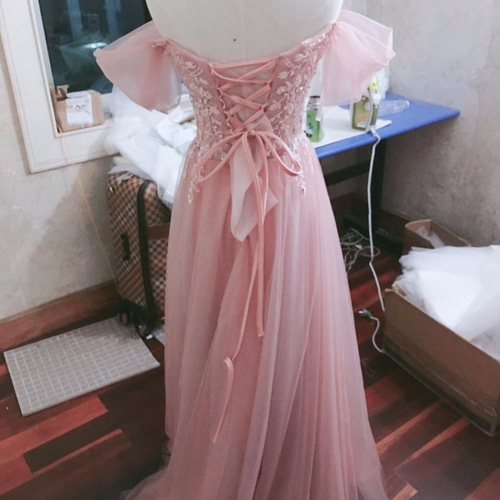 ウエディングドレス ピンク系 カラードレス ミニトレーン ロング丈  