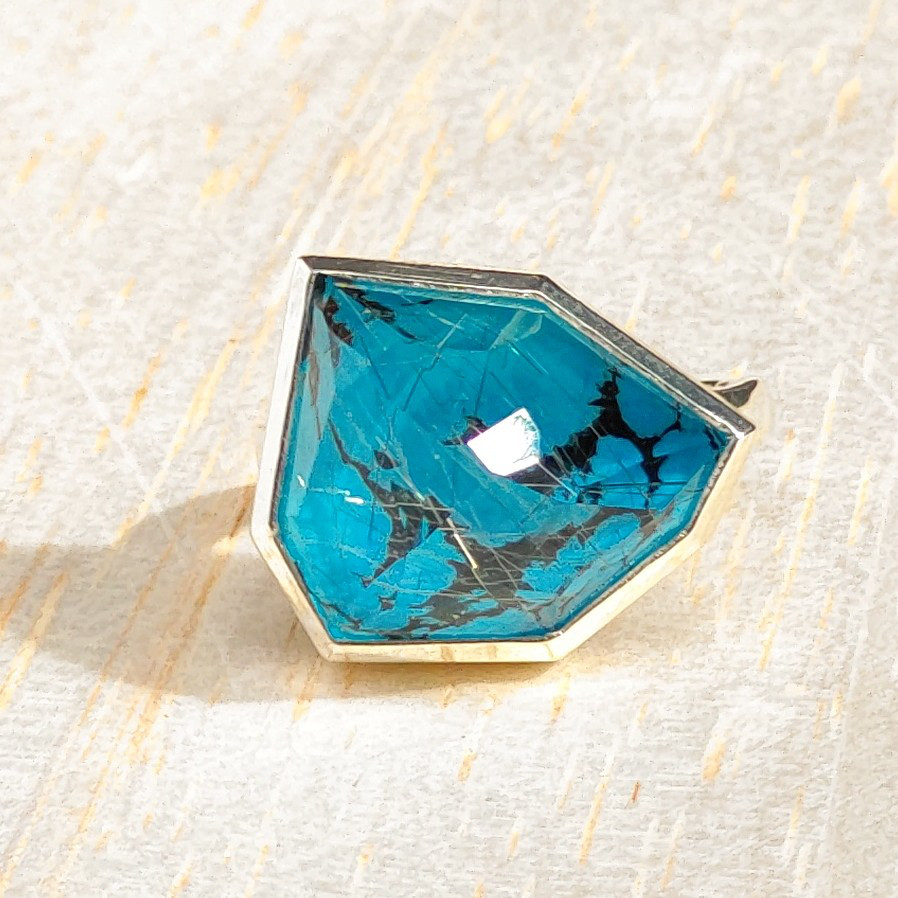ターコイズ　×　ルチルクォーツ　変形7角形　立体　BKマトリックス　ダブレット　シルバーSV925リング