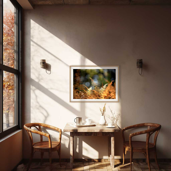 金色に光るシダの葉: 彩り豊かに光と影の交差で魅せる森のアート、秋の穏やかな時間の中の一瞬をキャッチしたフォトポスター 2枚目の画像