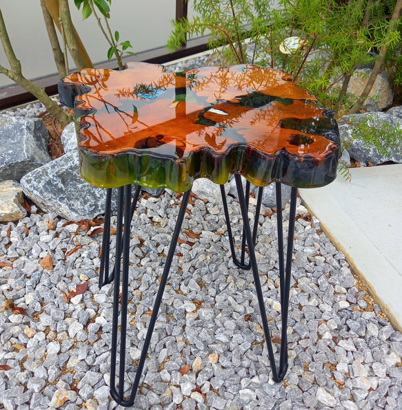 レジンサイドテーブル無垢材青森ヒバハンドメイド