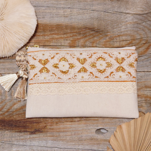 ポーチ インド刺繍リボン ハンドメイド モカ ② ファッション小物