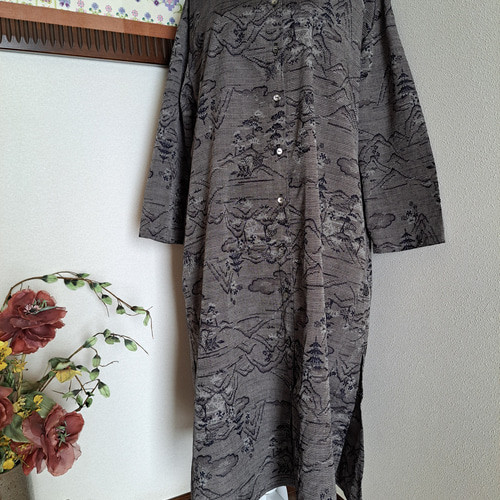 ☆ 着物リメイク /紬/シャツワンピースコートです/一点物/ハンドメイド