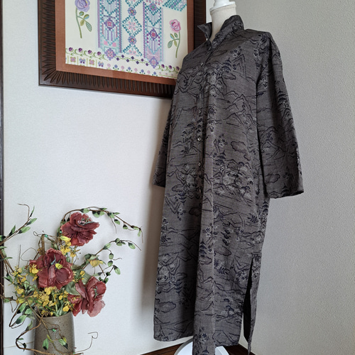 ☆ 着物リメイク /紬/シャツワンピースコートです/一点物/ハンドメイド