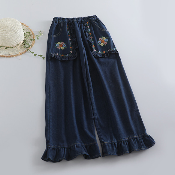 刺繍 デニムパンツ デニムワイド ワイドパンツ ハイウエスト