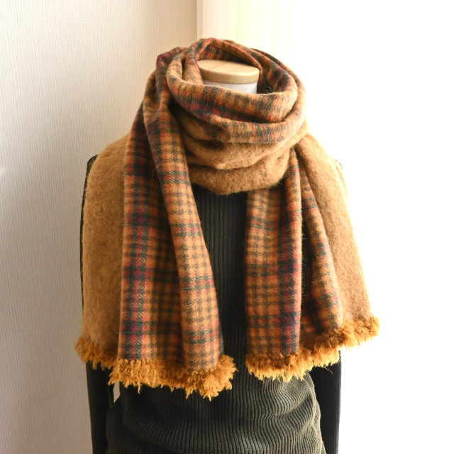大人 シャギー＊バイカラー マフラー《チェック柄×マスタード》✨特集掲載作品