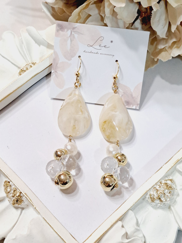 上品♡ベージュマーブル 大人かわいい 大ぶりピアス/イヤリング ピアス
