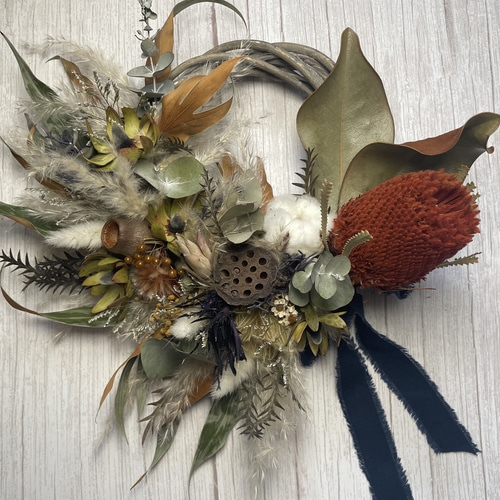 専用＊ネイティブフラワー3種とミモザのドライフラワーリース ネイティブフラワーオレンジバンクシアのリース ドライフラワー