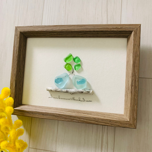 シーグラスアート 小鳥 四葉のクローバー インテリア雑貨 北欧 観葉植物 玄関 トイレ ギフト 贈り物 プレゼント 2枚目の画像