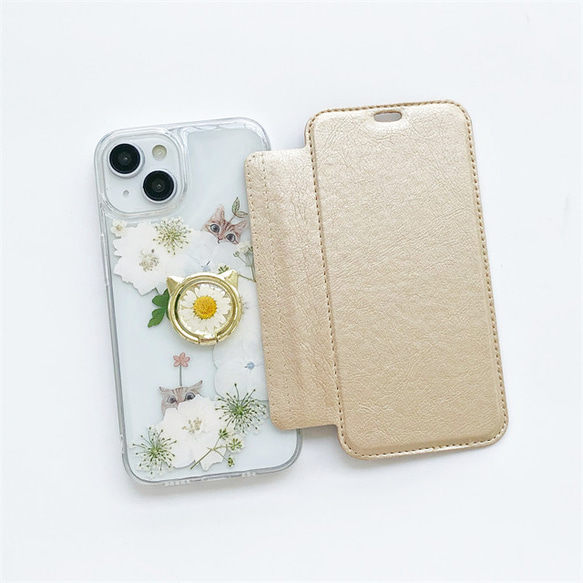 『千鳥草＆猫柄』 押し花 手帳型スマホケース スマホリング iPhone15Pro/14/13/12/SE/11/8/7 2枚目の画像