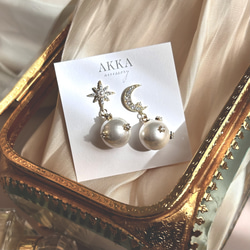 Moon&Star Pearl bijou earrings    月と星のパールビジュー樹脂イヤリング三日月スター 10枚目の画像