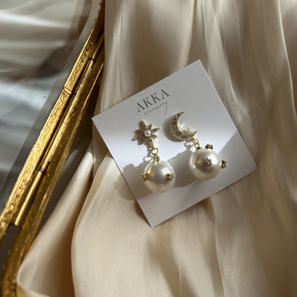 Moon&Star Pearl bijou earrings    月と星のパールビジュー樹脂イヤリング三日月スター 15枚目の画像