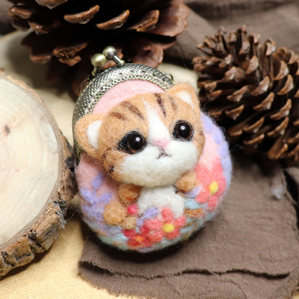 【羊毛氈】迷你口金包-小動物與花草系列-貓咪 第1張的照片
