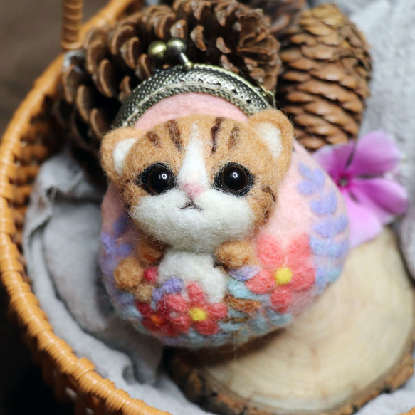 【羊毛氈】迷你口金包-小動物與花草系列-貓咪 第6張的照片