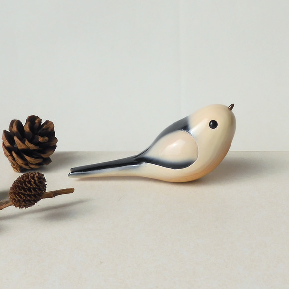 【割引】シマエナガ （木 鳥 置物 Long-tailed Tit / wood / bird / figurine ) 3枚目の画像