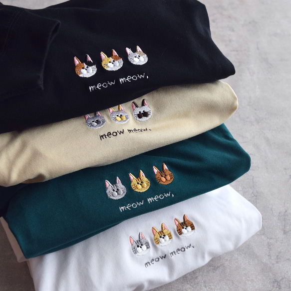 猫が選べる！刺繍ロングスリーブTシャツ《ホワイト・ブラック・サンドベージュ・グリーン》ビッグシルエット ロンT 長袖 3枚目の画像