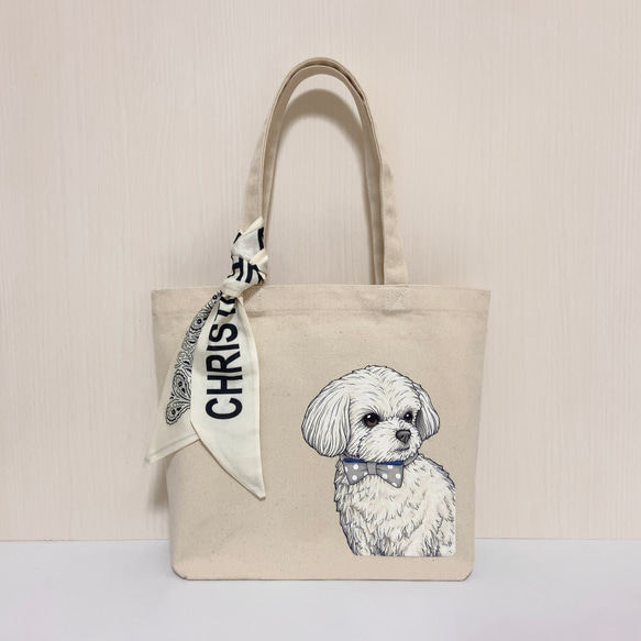 オリジナル マルチーズ トートバッグ 手描き オリジナルイラスト 鞄 花