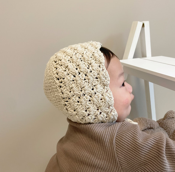 crochet bonnet  ベビーボンネット　／ ベビー帽子　ベビー　ボンネット　かぎ編み　新生児　出産祝い 12枚目の画像