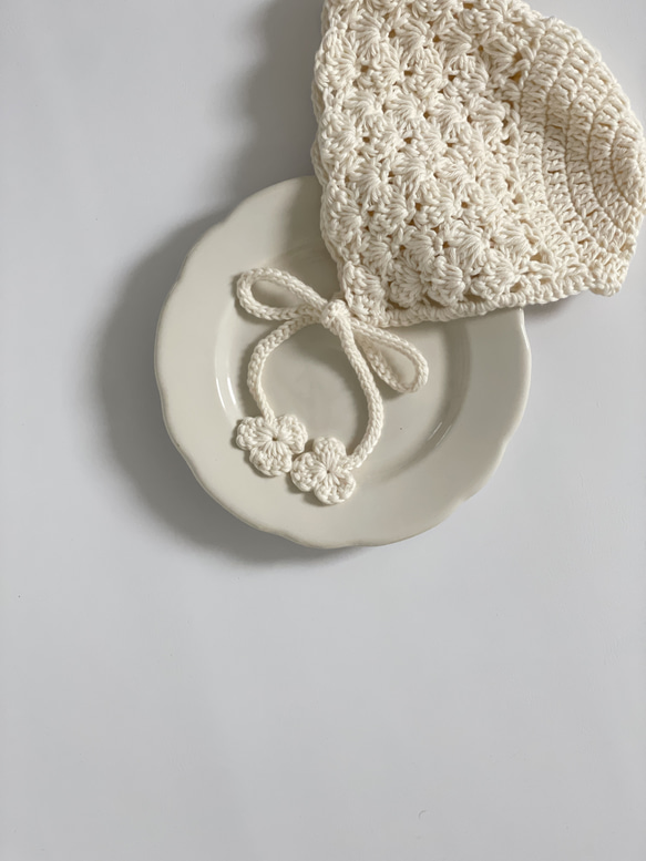 crochet bonnet  ベビーボンネット　／ ベビー帽子　ベビー　ボンネット　かぎ編み　新生児　出産祝い 10枚目の画像