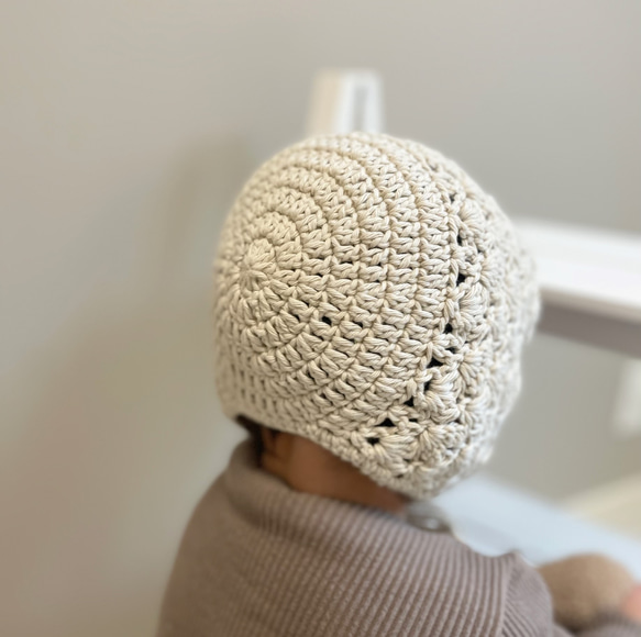 crochet bonnet  ベビーボンネット　／ ベビー帽子　ベビー　ボンネット　かぎ編み　新生児　出産祝い 13枚目の画像
