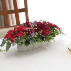 クリスマスアレンジ★ポインセチア・ベルベッドローズ入りテーブルアレンジ　造花　cmax005 4枚目の画像