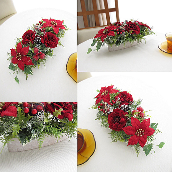 クリスマスアレンジ★ポインセチア・ベルベッドローズ入りテーブルアレンジ　造花　cmax005 5枚目の画像