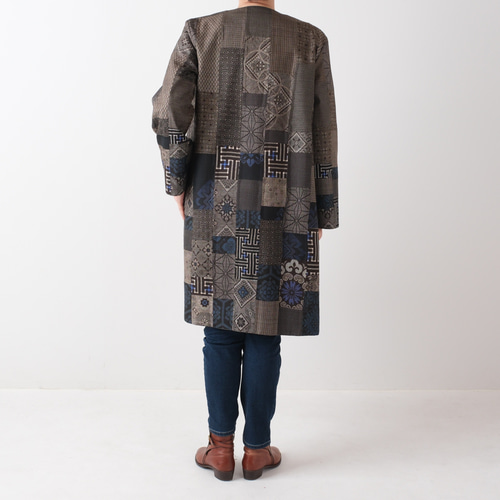 アンティーク大島紬のパッチワークコート 茶青 リバーシブル 着物