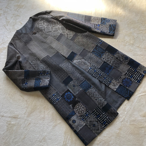 アンティーク大島紬のパッチワークコート 茶青 リバーシブル 着物