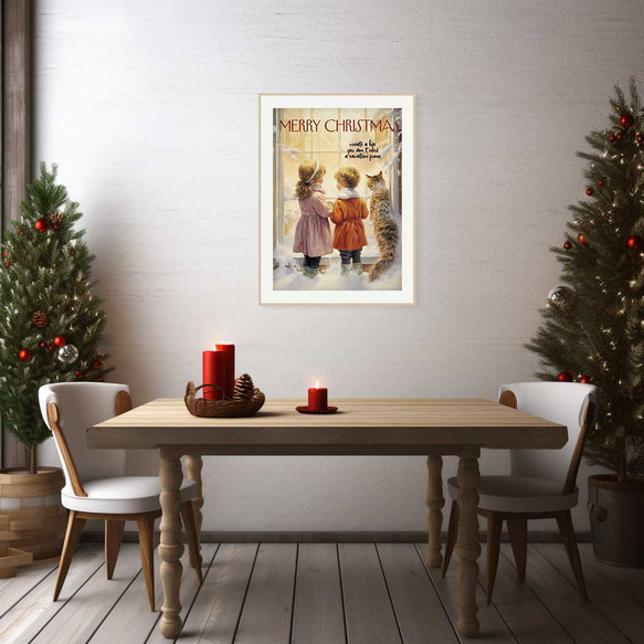 冬の窓辺で未来を夢見る子供たちと猫: ハートウォーミングなクリスマスメッセージ付アートポスター 2枚目の画像