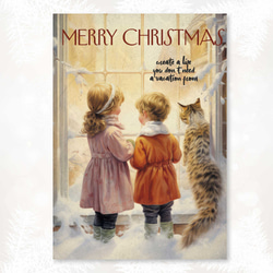 冬の窓辺で未来を夢見る子供たちと猫: ハートウォーミングなクリスマスメッセージ付アートポスター 3枚目の画像