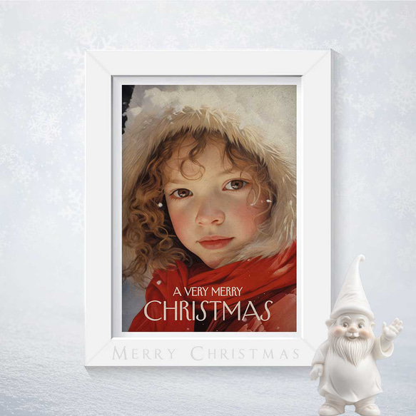 こちらを見つめる冬の少女のクローズアップ この特別なクリスマス感漂うポスターが、冬のインテリアをより華やかに彩ります 1枚目の画像