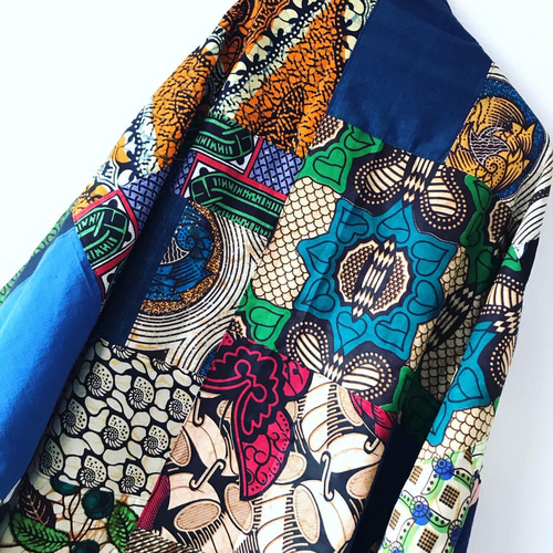 アフリカンバティックのかけら集めてMomongaコート（藍染ミックス