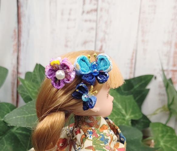 リカちゃん　つまみ細工　青い蝶の髪飾り　 2枚目の画像
