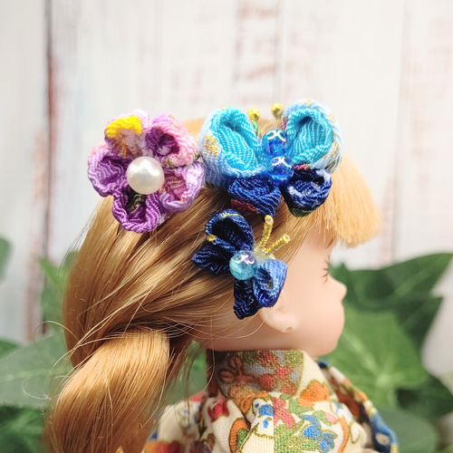 Piiiちゃん【NO.116】つまみ細工　髪飾り リカちゃん つまみ細工 青い蝶の髪飾り その他人形 みのすけ@つまみ