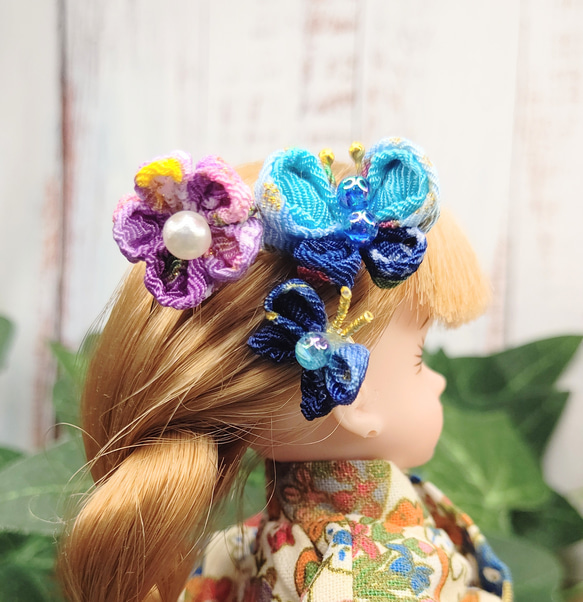 リカちゃん　つまみ細工　青い蝶の髪飾り　 1枚目の画像