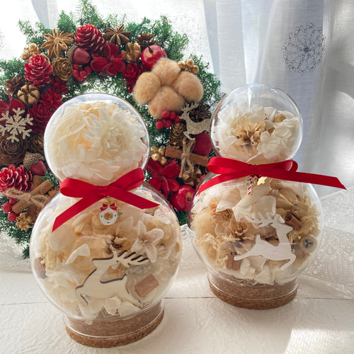超早割祭2024クリスマス スノーマンガラスドームアレンジ 木の実 