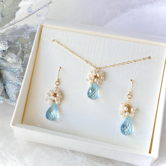 ブルートパーズと淡水パールのネックレス＆ピアス／イヤリング 14kgf 