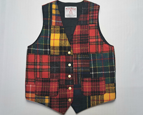 ハリスツイード パッチワーク ベスト タータンクレイジーミックス