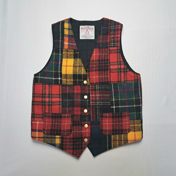 ハリスツイード パッチワーク ベスト タータンクレイジーミックス